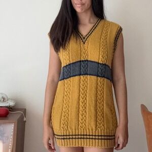 Mustard Yellow Cable Knit Sweater Vest V-Neck Striped Longline Sleeveless